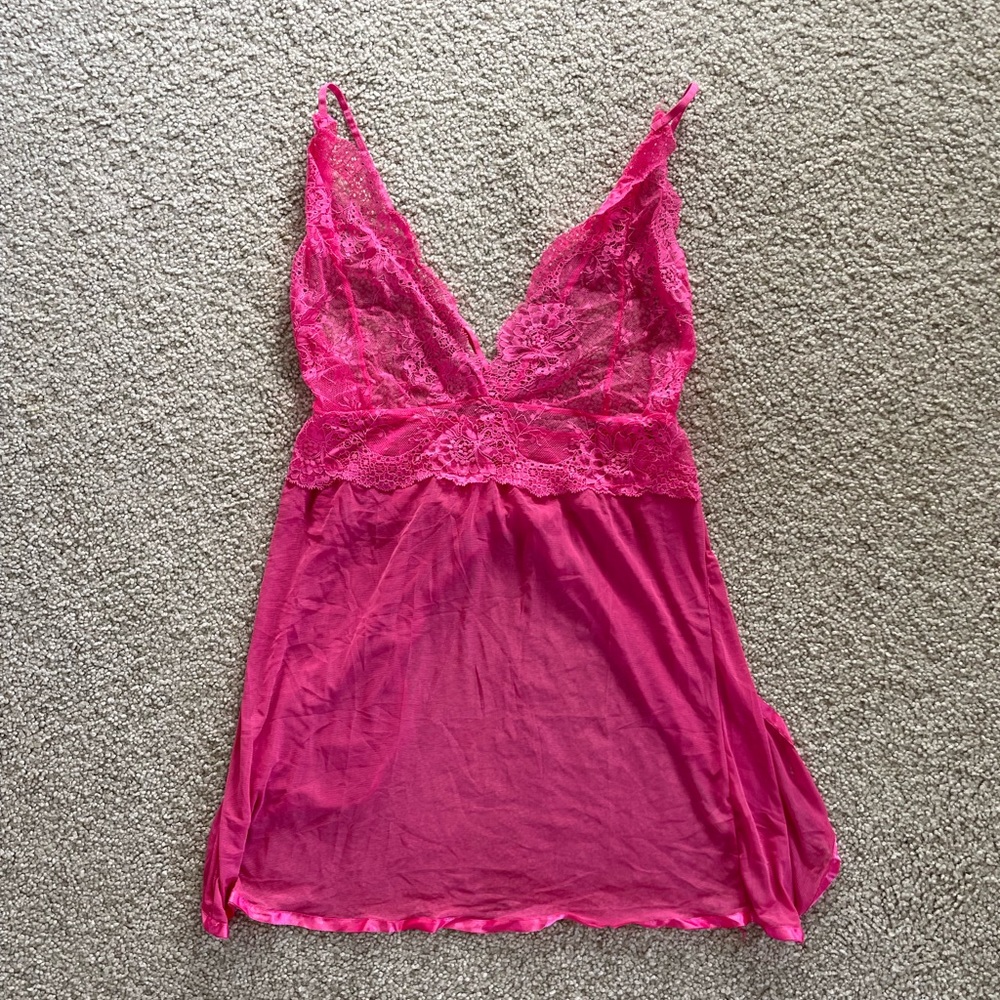 Hot Pink Sheer Lace Camisole Teddy Babydoll Lingerie OS NWOT Strappy Open Back